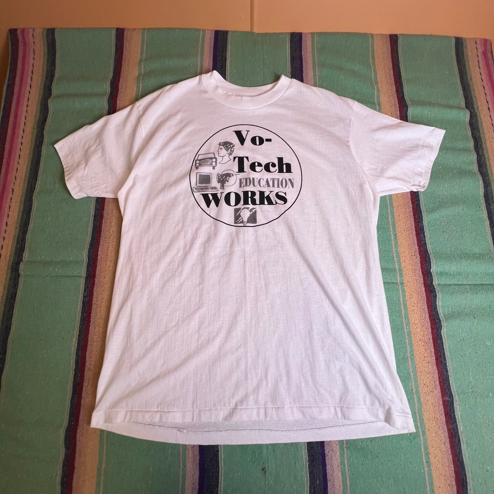 Vintage 1990s Vo-Tech Education Works Graphic T-Shirt Mens XL White USA Made